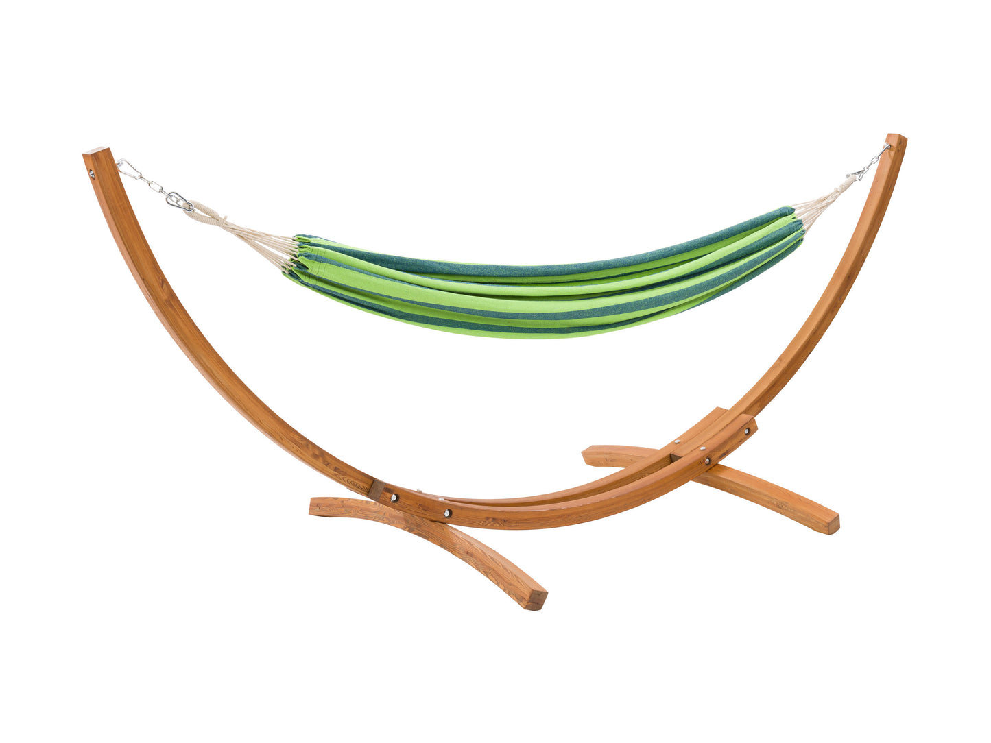 Natural wood stand with a beige fabric hammock, perfect for outdoor relaxation. The sturdy wooden frame supports a comfortable, woven hammock, ideal for patios or gardens.