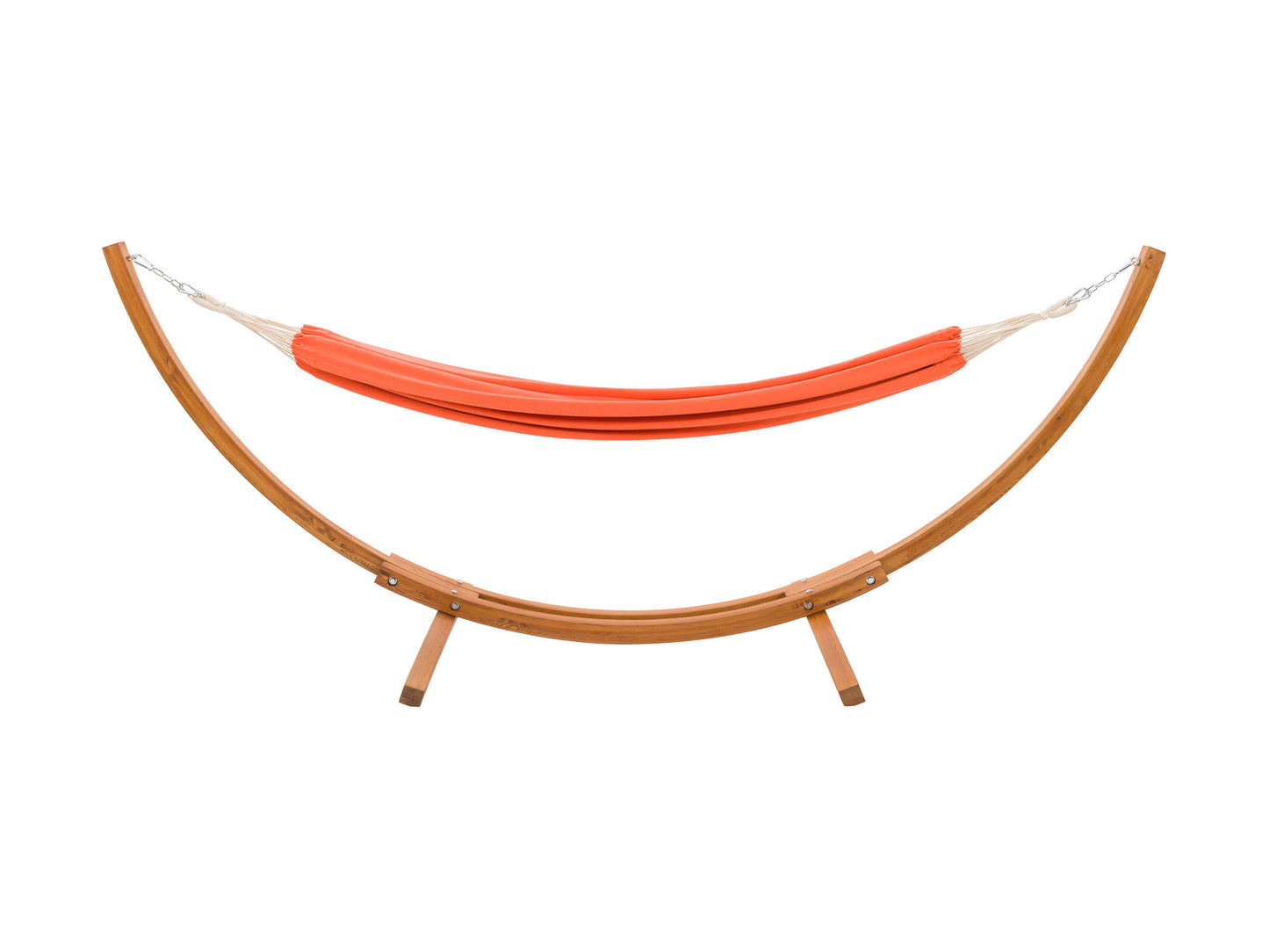 Natural wood stand with a beige fabric hammock, designed for outdoor relaxation on patios or gardens. The sturdy wooden frame and soft, durable fabric provide comfort and style for any outdoor space.