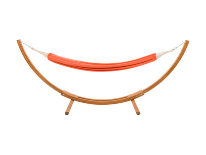 Natural wood stand with a beige fabric hammock, designed for outdoor relaxation on patios or gardens. The sturdy wooden frame and soft, durable fabric provide comfort and style for any outdoor space.