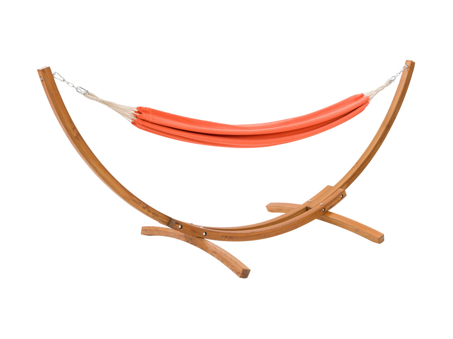 Wooden stand hammock with beige fabric, featuring a sturdy, curved wood frame and soft, durable hammock material, perfect for outdoor relaxation and patio use.