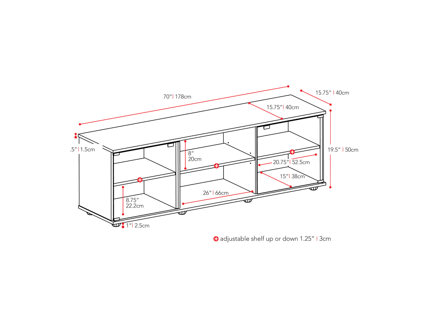 black TV Stand with Glass Doors for TVs up to 85" Fiji Collection measurements diagram by CorLiving#color_black