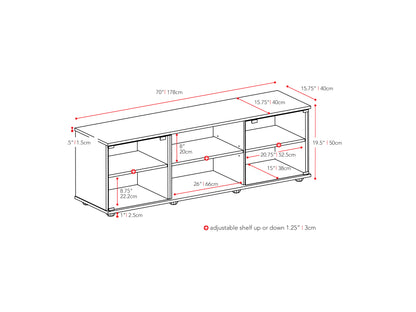 Modern black TV stand with glass doors, sleek metal handles, and textured wood finish, suitable for TVs up to 85 inches. Features ample storage space with two side cabinets and open shelving for electronics.