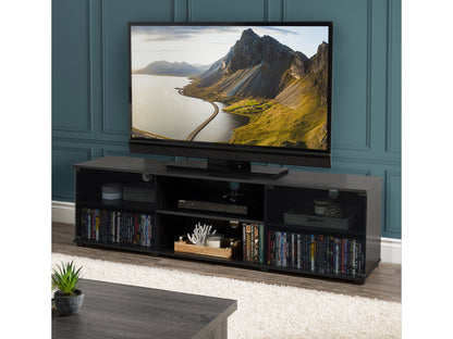 Modern TV stand with glass doors, sleek black finish, and ample storage space, suitable for TVs up to 85 inches. Features textured wood panels and minimalist design, perfect for contemporary living rooms.