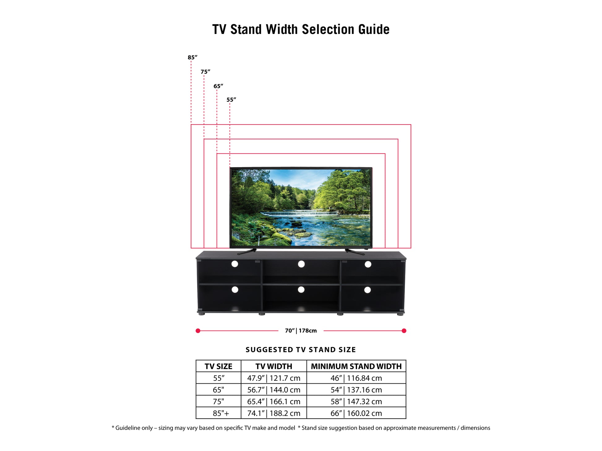 Modern TV stand with glass doors, dark brown wood finish, fits TVs up to 85 inches, featuring two spacious cabinets, sleek metal handles, and open shelving for media storage.