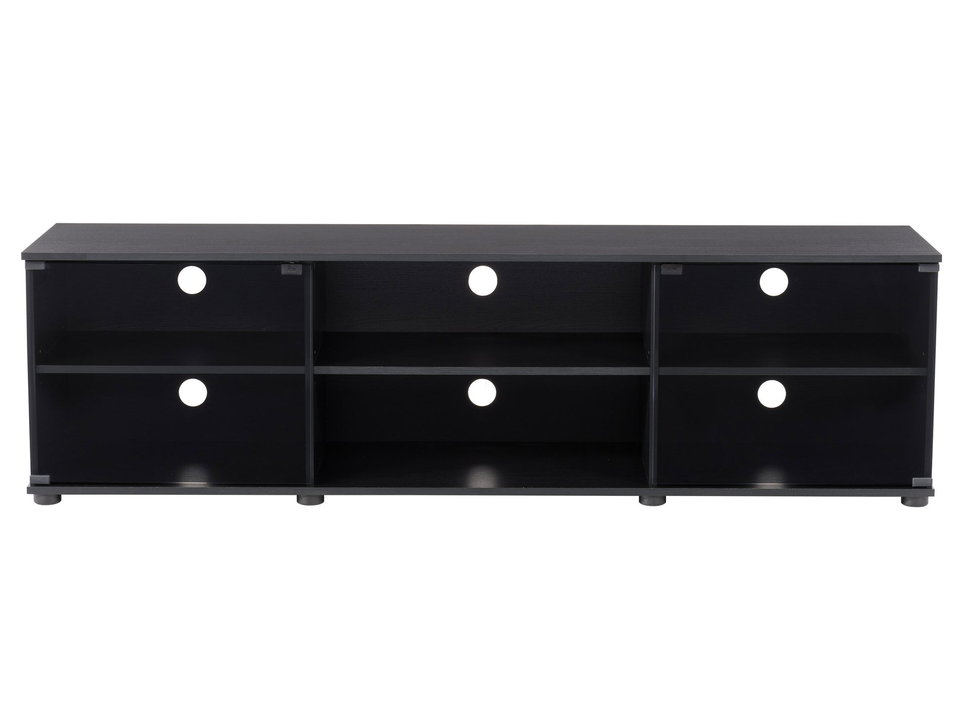 Modern TV stand for TVs up to 85 inches, featuring a sleek black finish, tempered glass doors, and spacious shelving for media storage. Ideal for contemporary living rooms or home theaters.