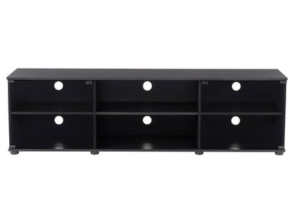 Modern TV stand for TVs up to 85 inches, featuring a sleek black finish, tempered glass doors, and spacious shelving for media storage. Ideal for contemporary living rooms or home theaters.