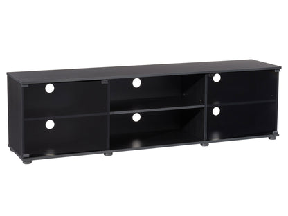 Modern TV stand with glass doors, dark wood finish, and sleek metal accents, designed to hold TVs up to 85 inches. Features two spacious cabinets and open shelving for storage and display.