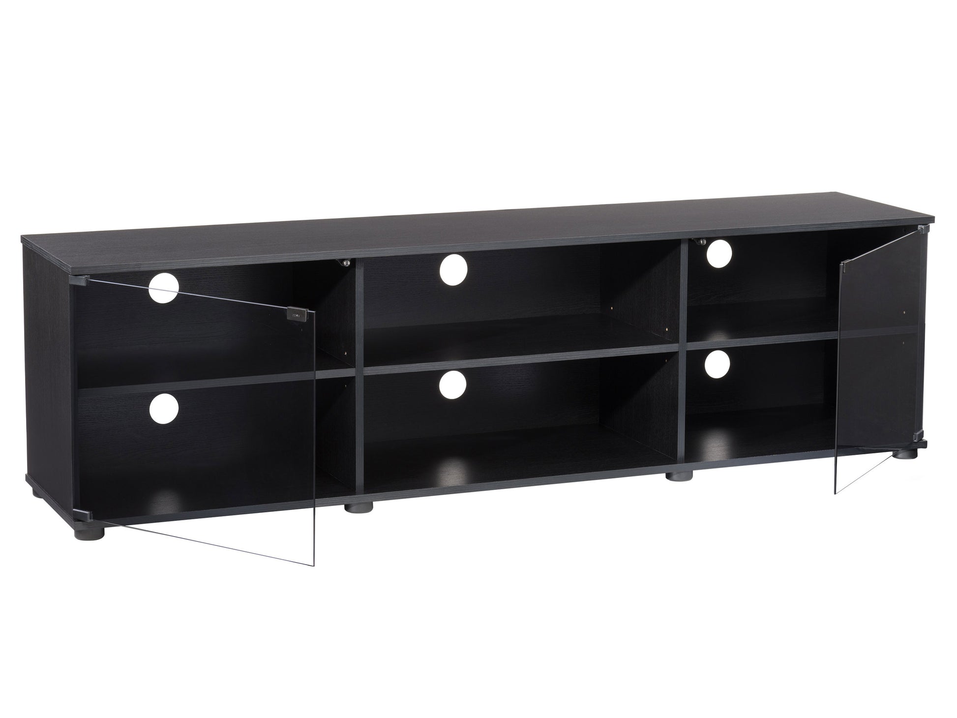 Modern TV stand with glass doors, dark brown wood finish, open shelves, and silver hardware, suitable for TVs up to 85 inches. Ideal for contemporary living rooms, offering ample storage and sleek design.