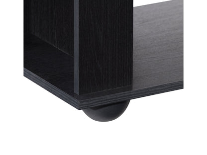 Black TV stand for TVs up to 85 inches, featuring sleek wooden finish, open shelving, and sliding doors for storage. Modern design with metal accents, ideal for contemporary living rooms.