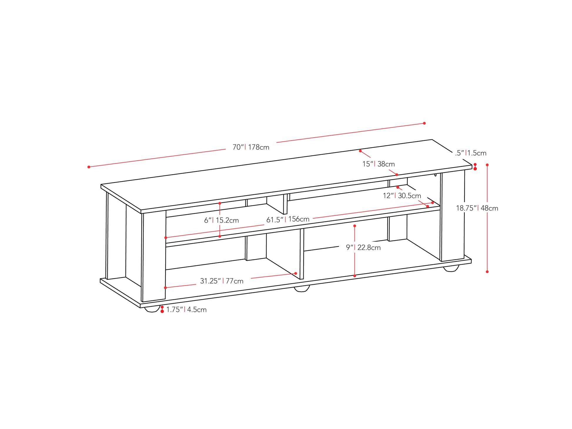 Black TV stand with open shelving, sleek modern design, and sturdy construction for TVs up to 85 inches, featuring a glossy finish and minimalist style suitable for contemporary living rooms.