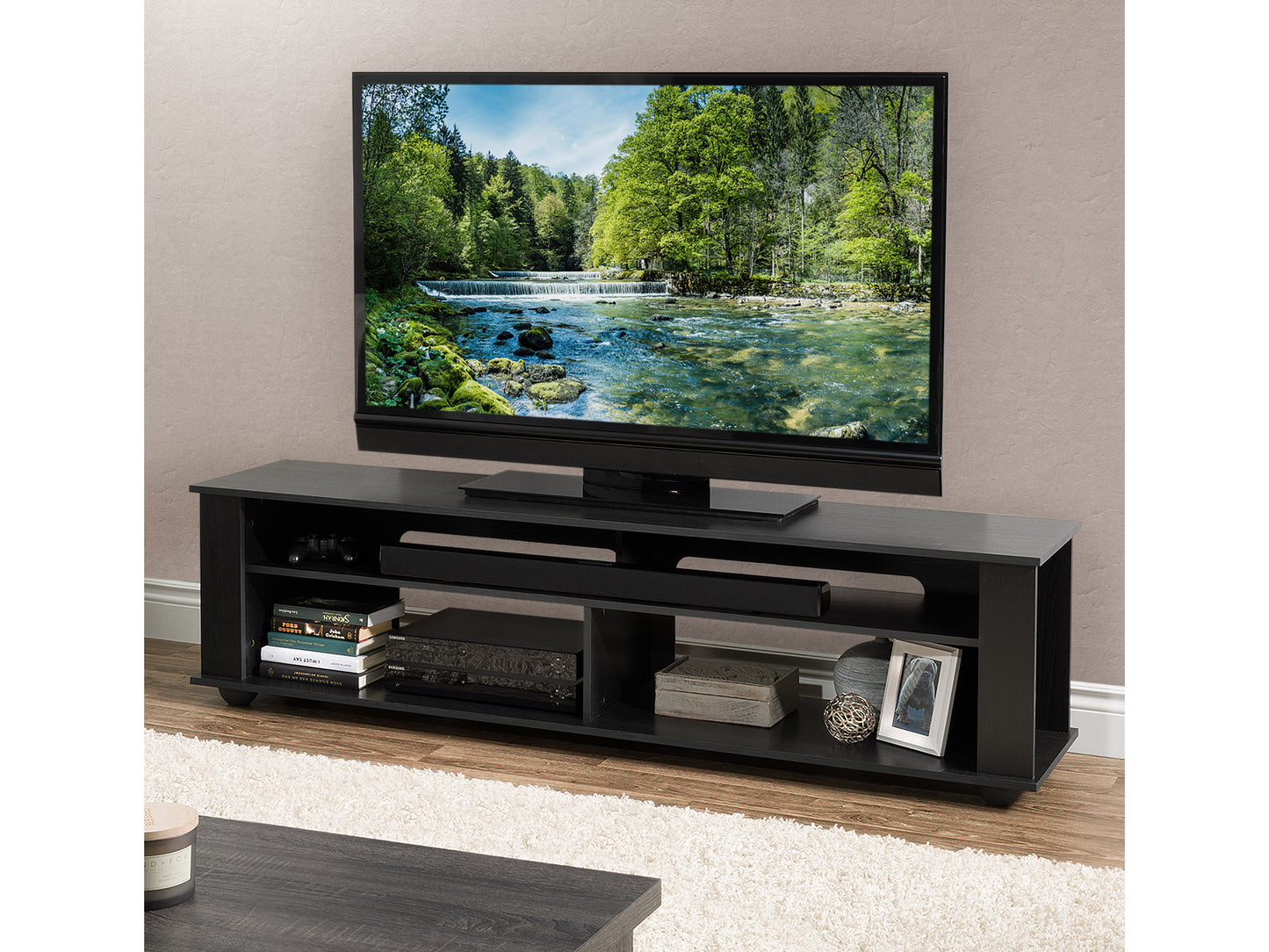 Black TV stand for TVs up to 85 inches, featuring sleek design with open shelving, glass doors, and metal hardware. Ideal for modern living rooms, providing ample storage for media devices and accessories.