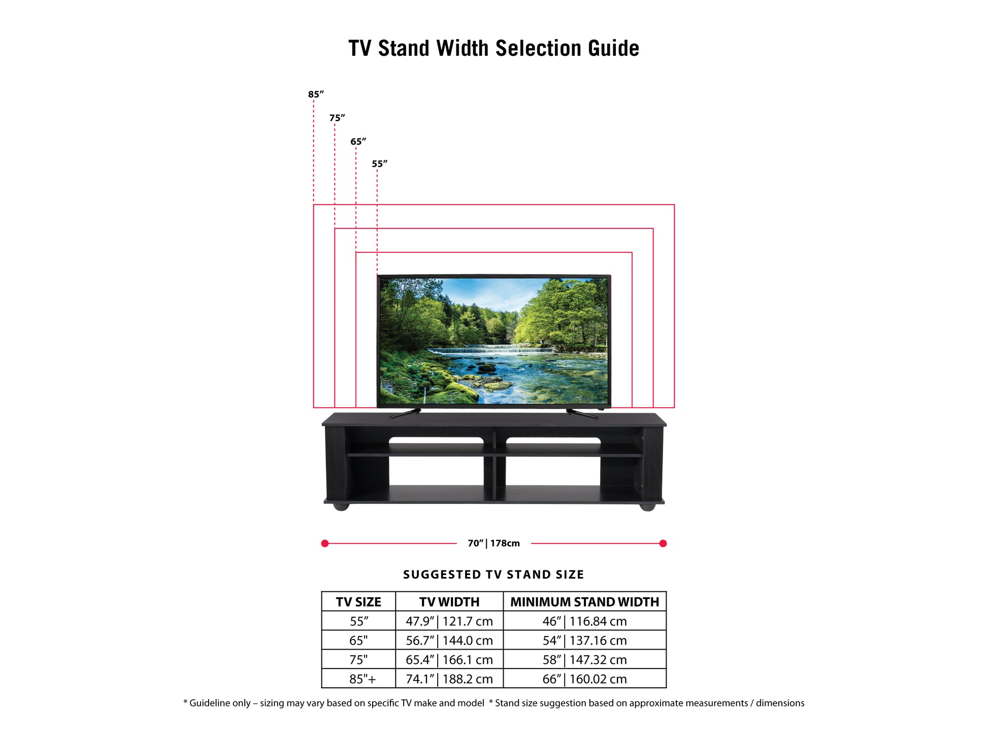 Black TV stand for TVs up to 85 inches, featuring a sleek design with open shelving, sturdy metal frame, and tempered glass surfaces for modern living rooms or entertainment centers.