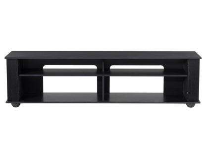 Black TV stand with a sleek, modern design featuring a glossy finish, open shelving, and two spacious cabinets, suitable for TVs up to 85 inches.