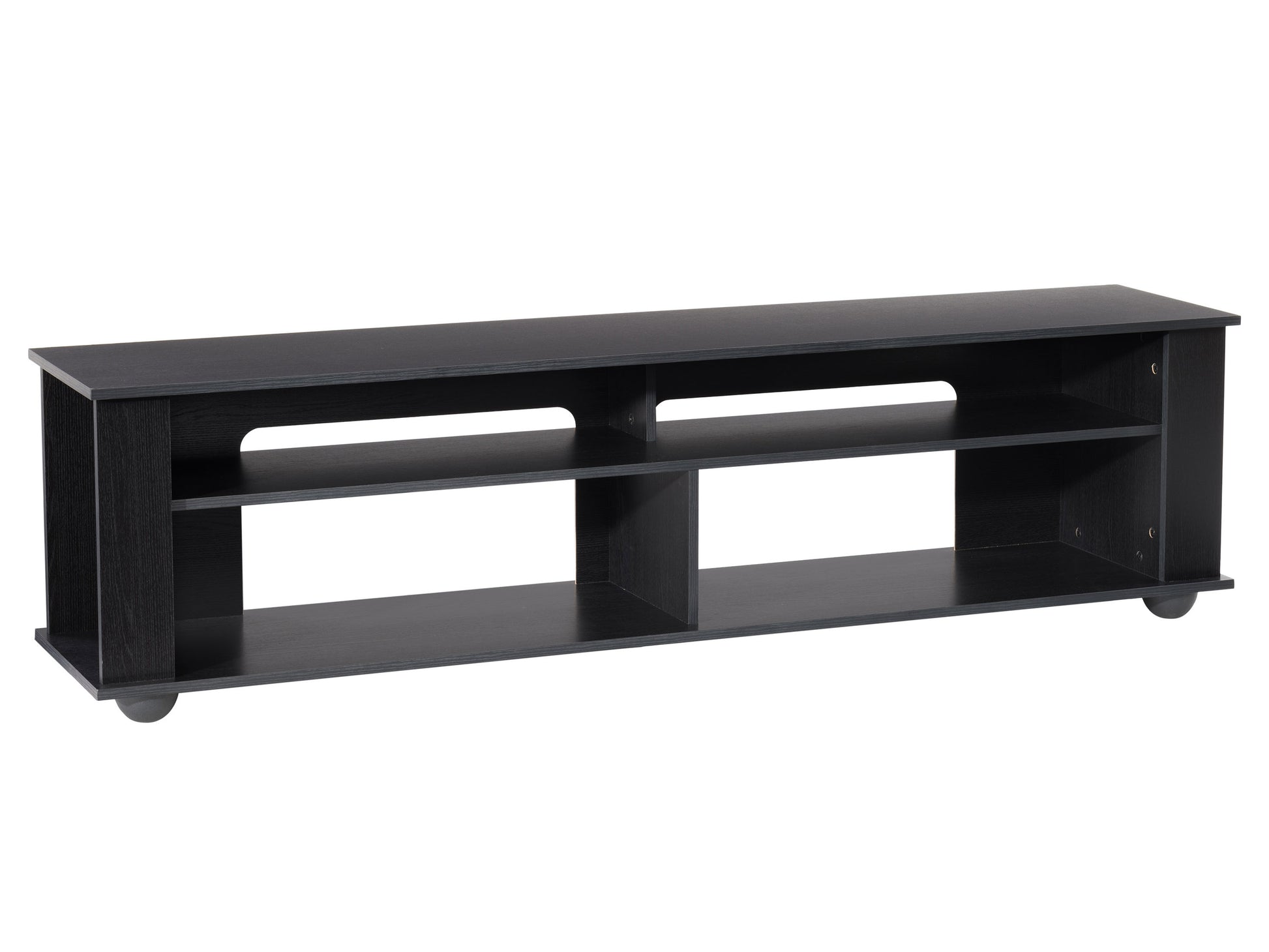 Sleek black TV stand with open shelving, modern design, and sturdy construction for TVs up to 85 inches. Features a minimalist look with smooth finishes and ample storage space for media devices and decor.