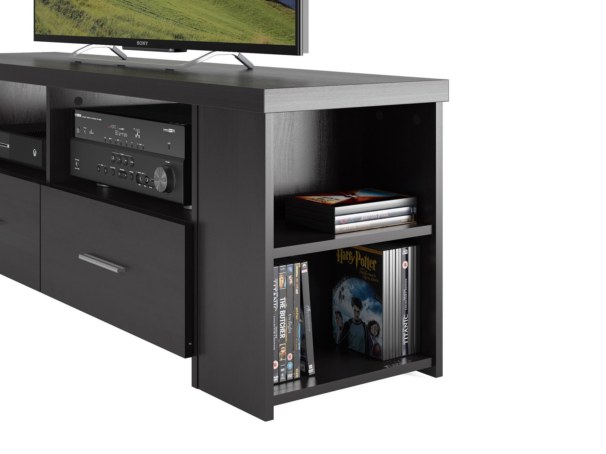 Modern black TV stand for TVs up to 75 inches, featuring sleek lines, glossy finish, open shelves, and cable management system.