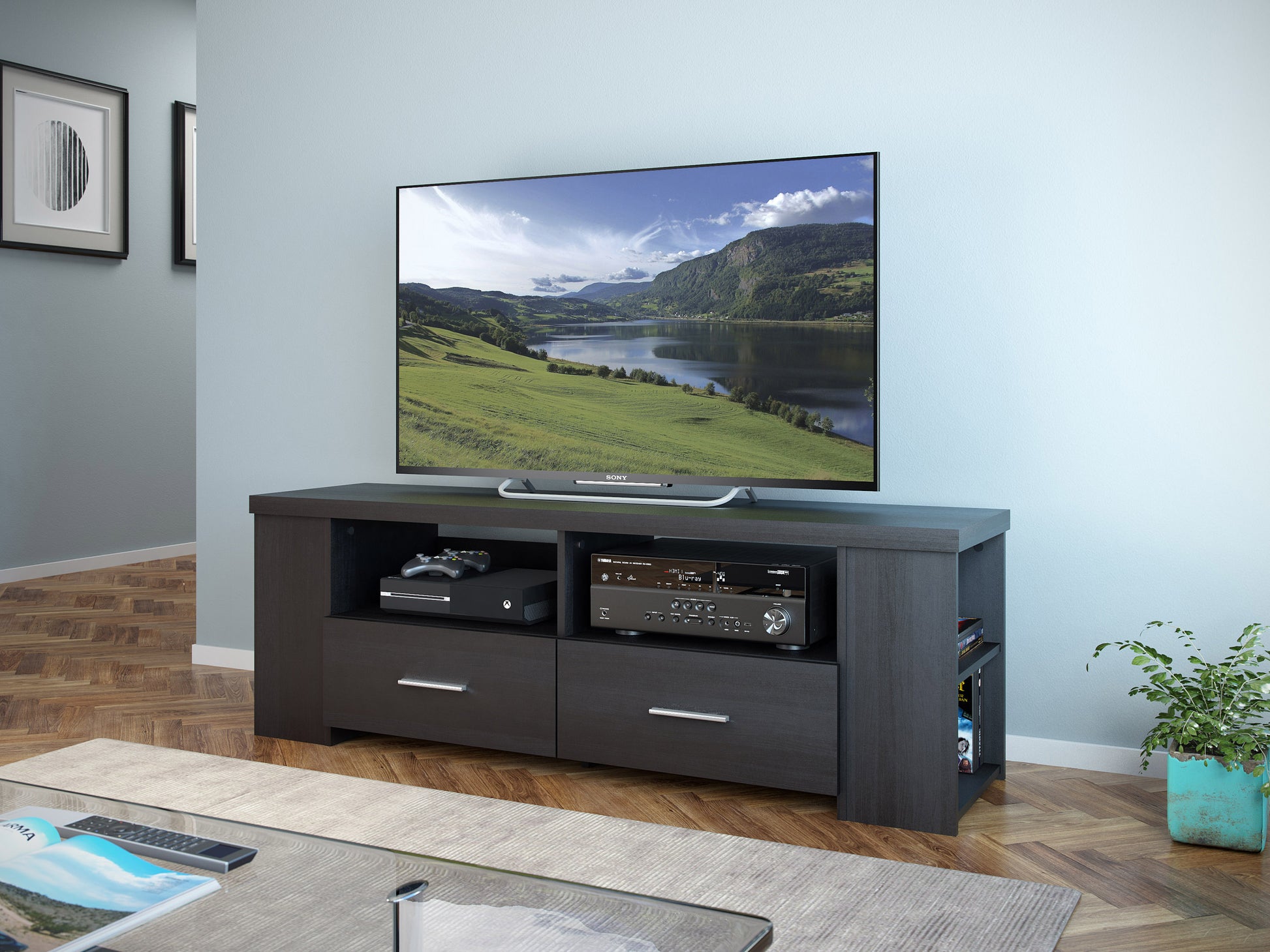 Black TV stand for TVs up to 75 inches, featuring a sleek design with a matte black finish, open shelving, and a sturdy frame, perfect for modern living rooms and media centers.