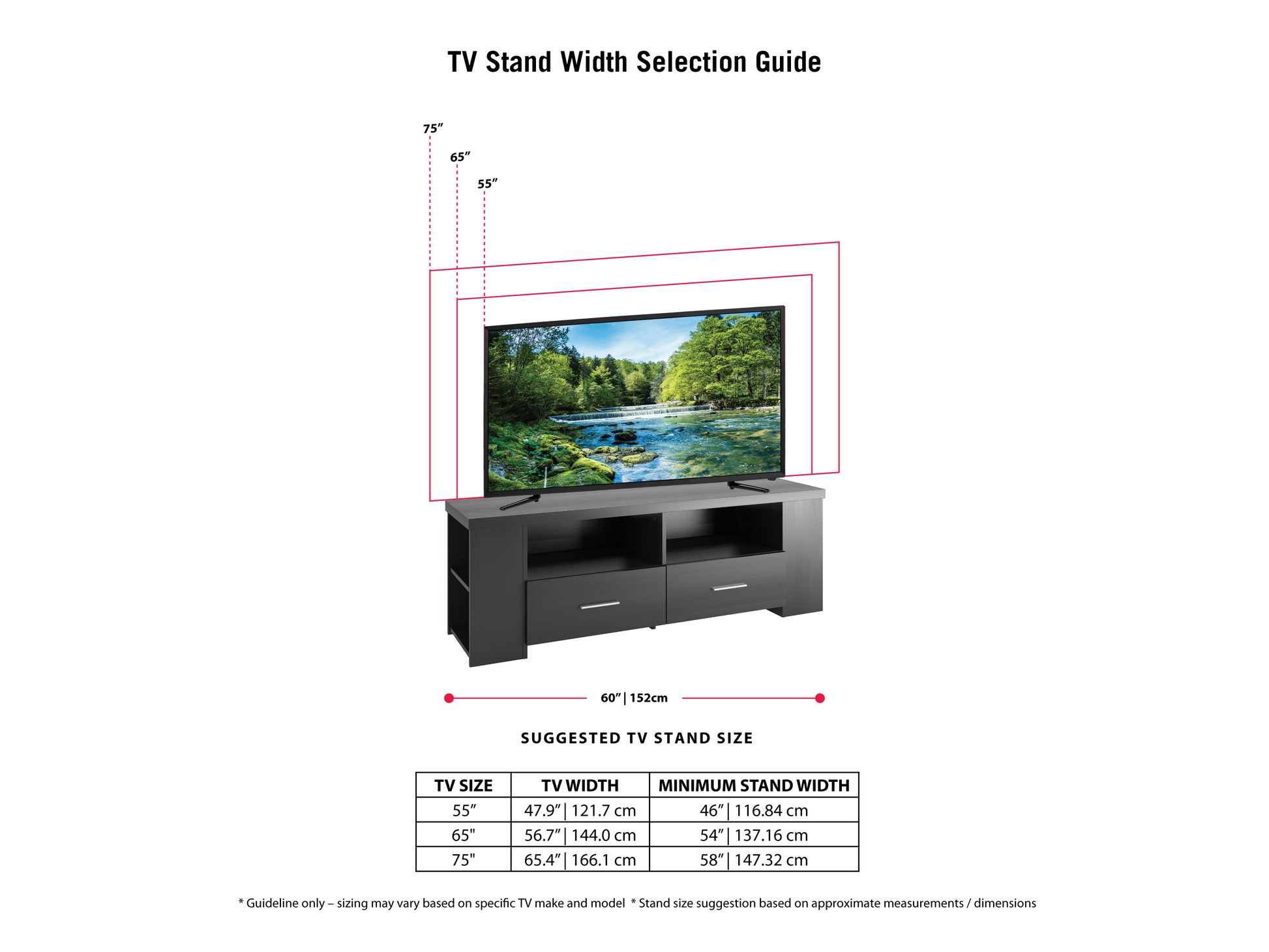 Black TV stand for TVs up to 75 inches, featuring a sleek modern design with two open shelves and a spacious drawer, made of durable wood with a smooth matte finish, and sturdy metal legs.