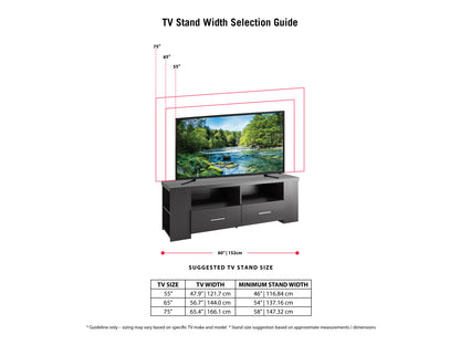 Black TV stand for TVs up to 75 inches, featuring a sleek modern design with two open shelves and a spacious drawer, made of durable wood with a smooth matte finish, and sturdy metal legs.