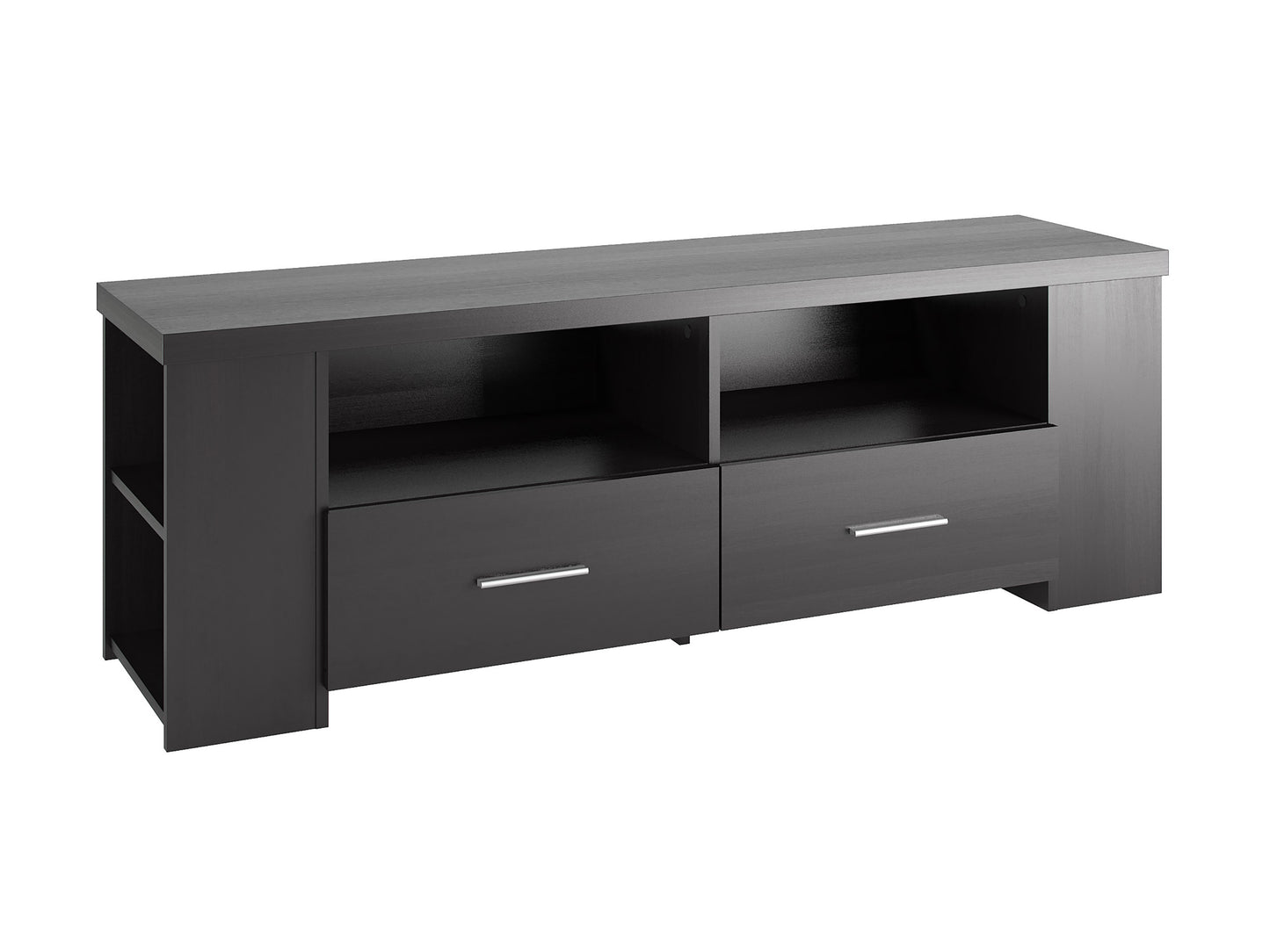 Black wooden TV stand with a sleek design, featuring two open shelves and two cabinets with glass doors, suitable for TVs up to 75 inches. Modern and functional, ideal for living rooms or entertainment areas.