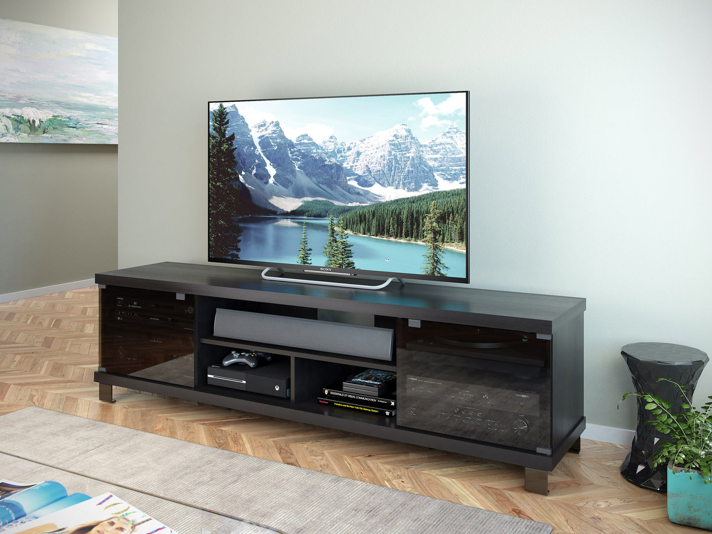 Extra long black wood TV stand with sleek modern design, open shelving, and storage cabinets, fits TVs up to 85 inches, perfect for contemporary living rooms.