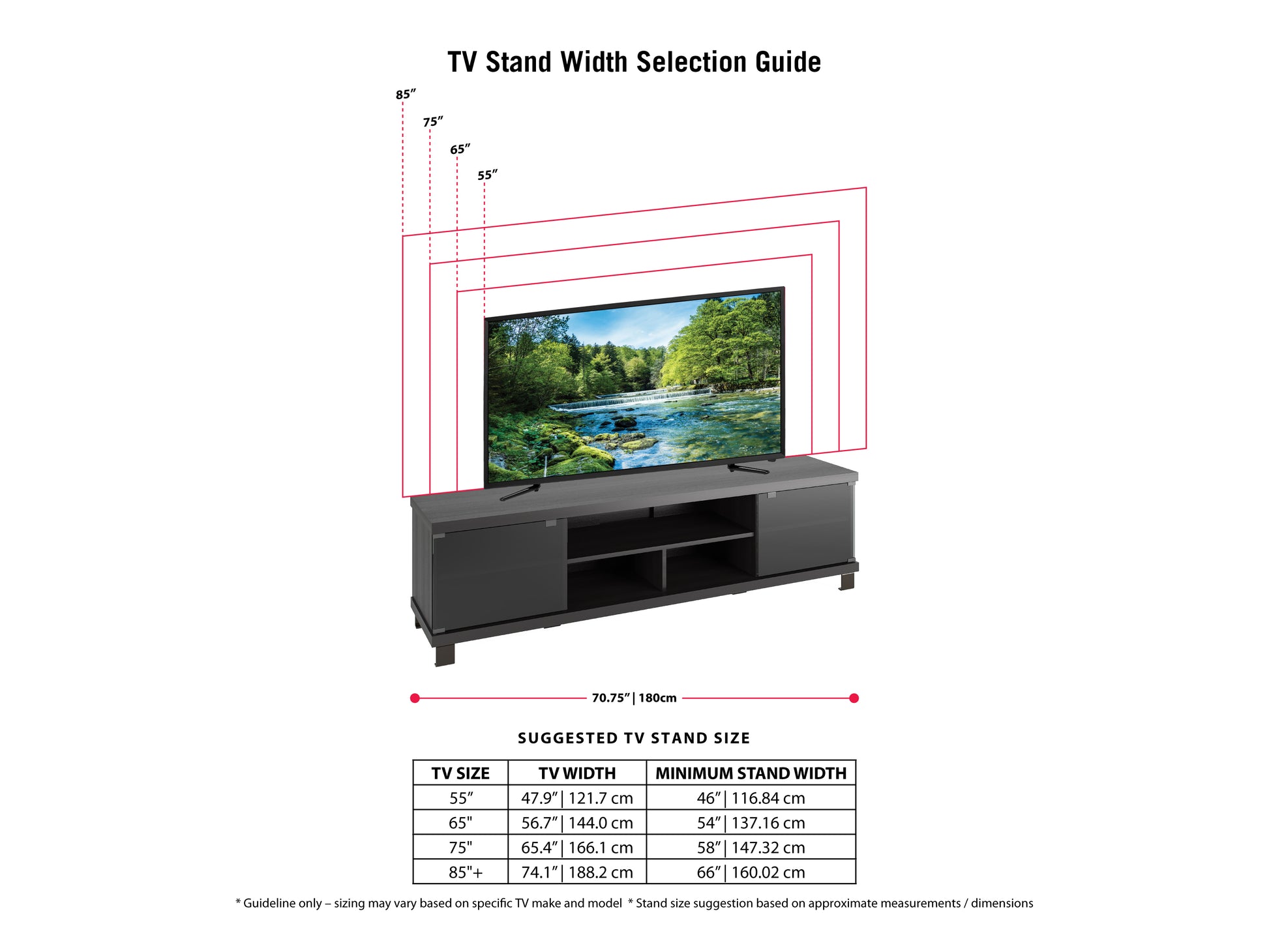 Extra long black wood TV stand with sleek design, open shelving, and cabinet storage, suitable for TVs up to 85 inches, featuring modern style and durable construction.