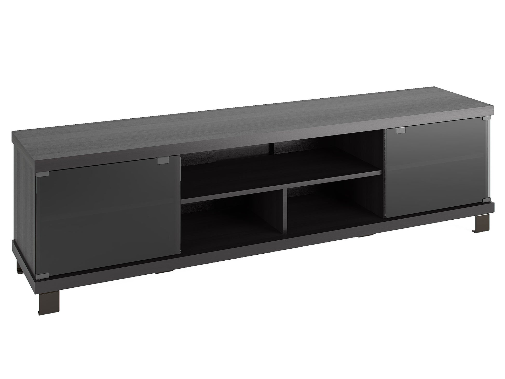 Extra long black wood TV stand with sleek design, suitable for TVs up to 85 inches. Features open shelving and cabinets for storage, combining modern aesthetics with functionality.