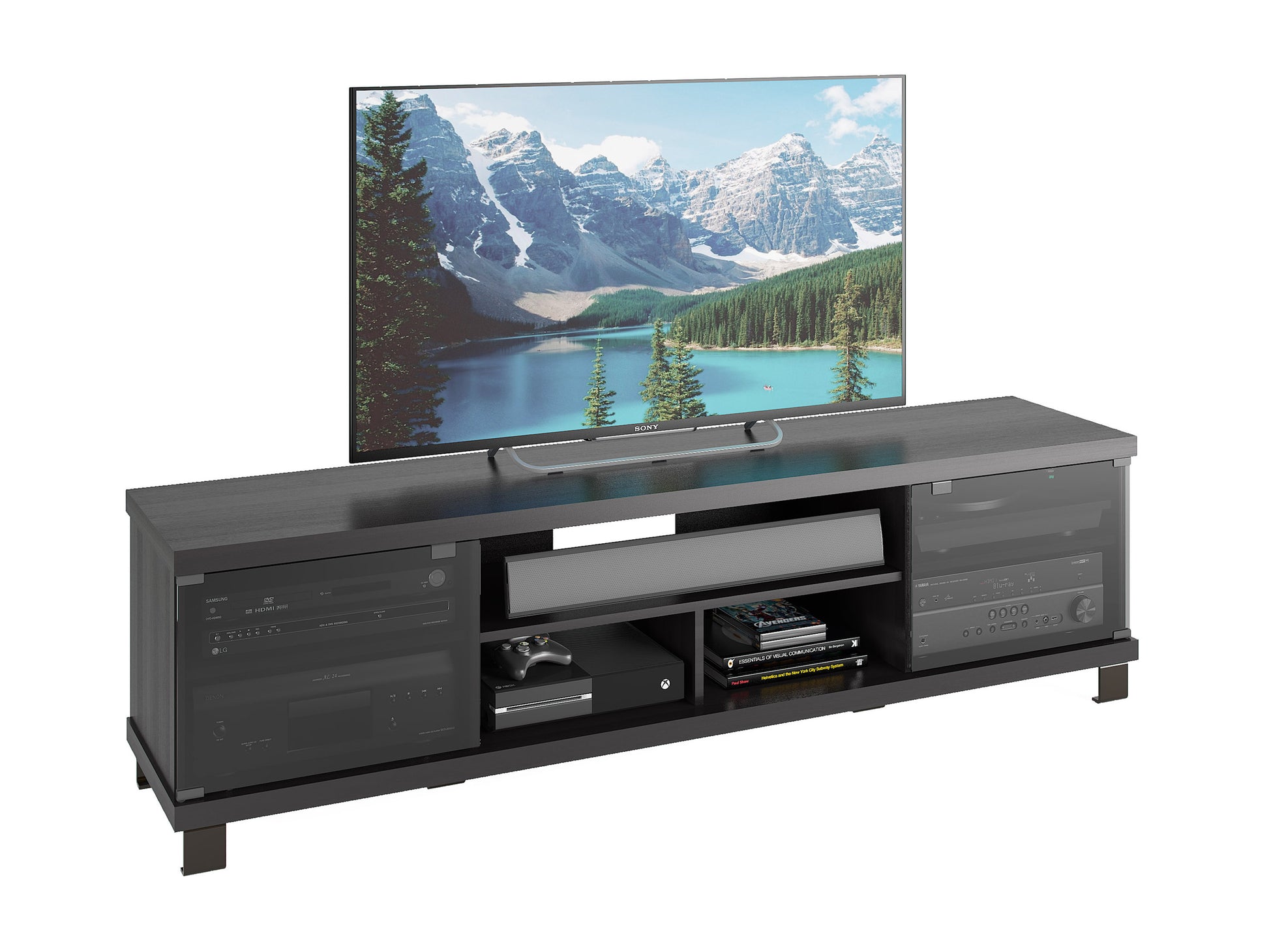 Extra long black wood TV stand with sleek modern design, open shelves, and cabinets, suitable for TVs up to 85 inches; features a sturdy construction and ample storage space for media devices and accessories.