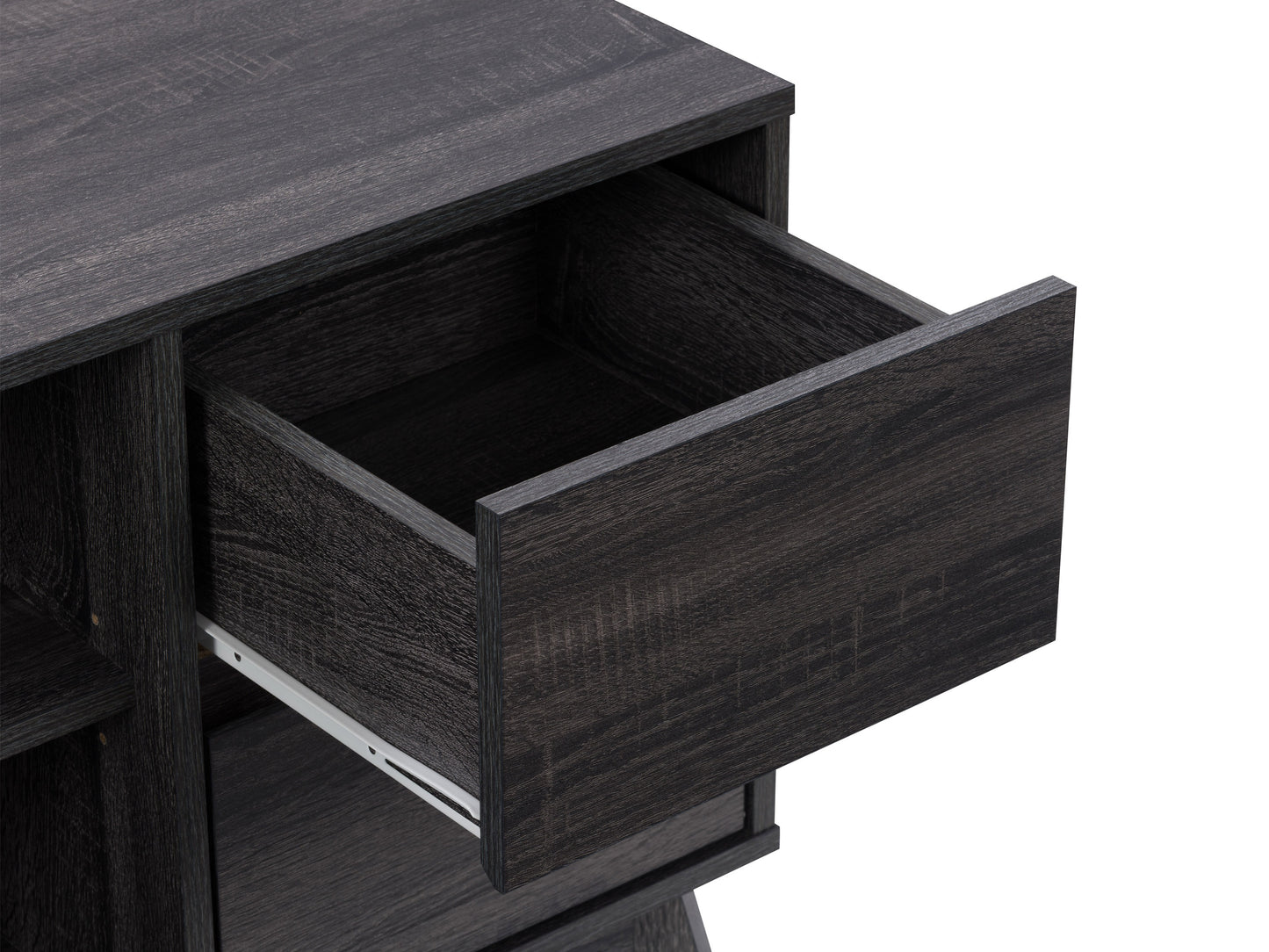 Modern TV stand for TVs up to 55 inches, featuring a sleek black and walnut finish, open shelving, and a minimalist design with metal legs, perfect for contemporary living rooms.