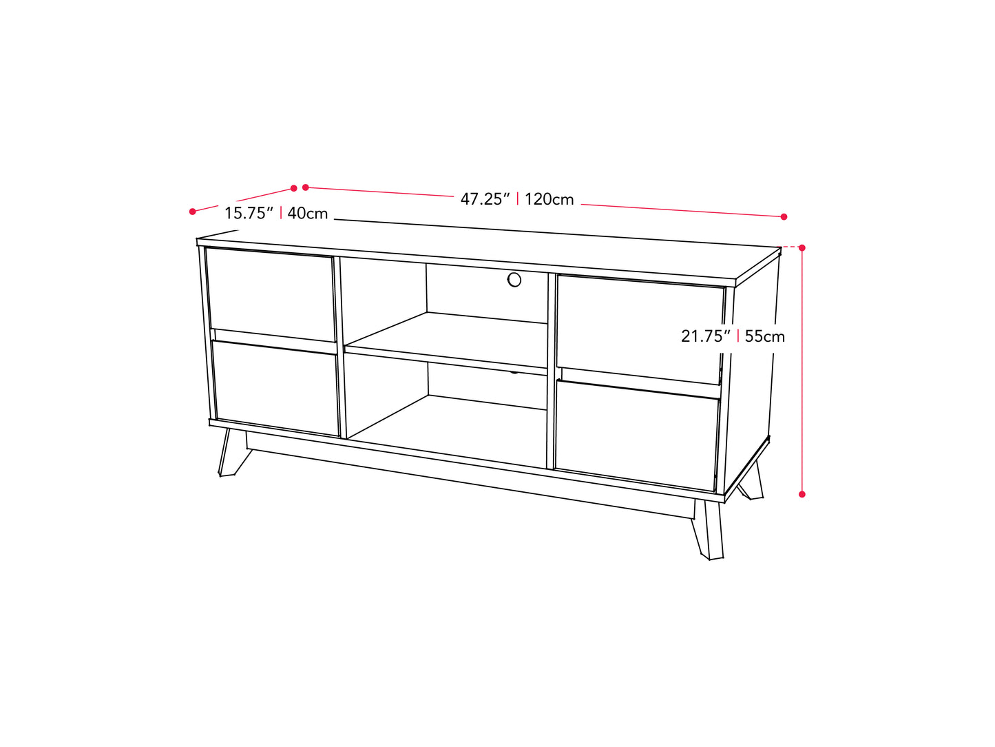 Modern TV stand for TVs up to 55 inches, featuring a sleek black frame, wooden shelves, and a minimalist design with clean lines and ample storage space for media equipment and accessories.