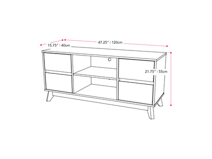 Modern TV stand for TVs up to 55 inches, featuring a sleek black frame, wooden shelves, and a minimalist design with clean lines and ample storage space for media equipment and accessories.