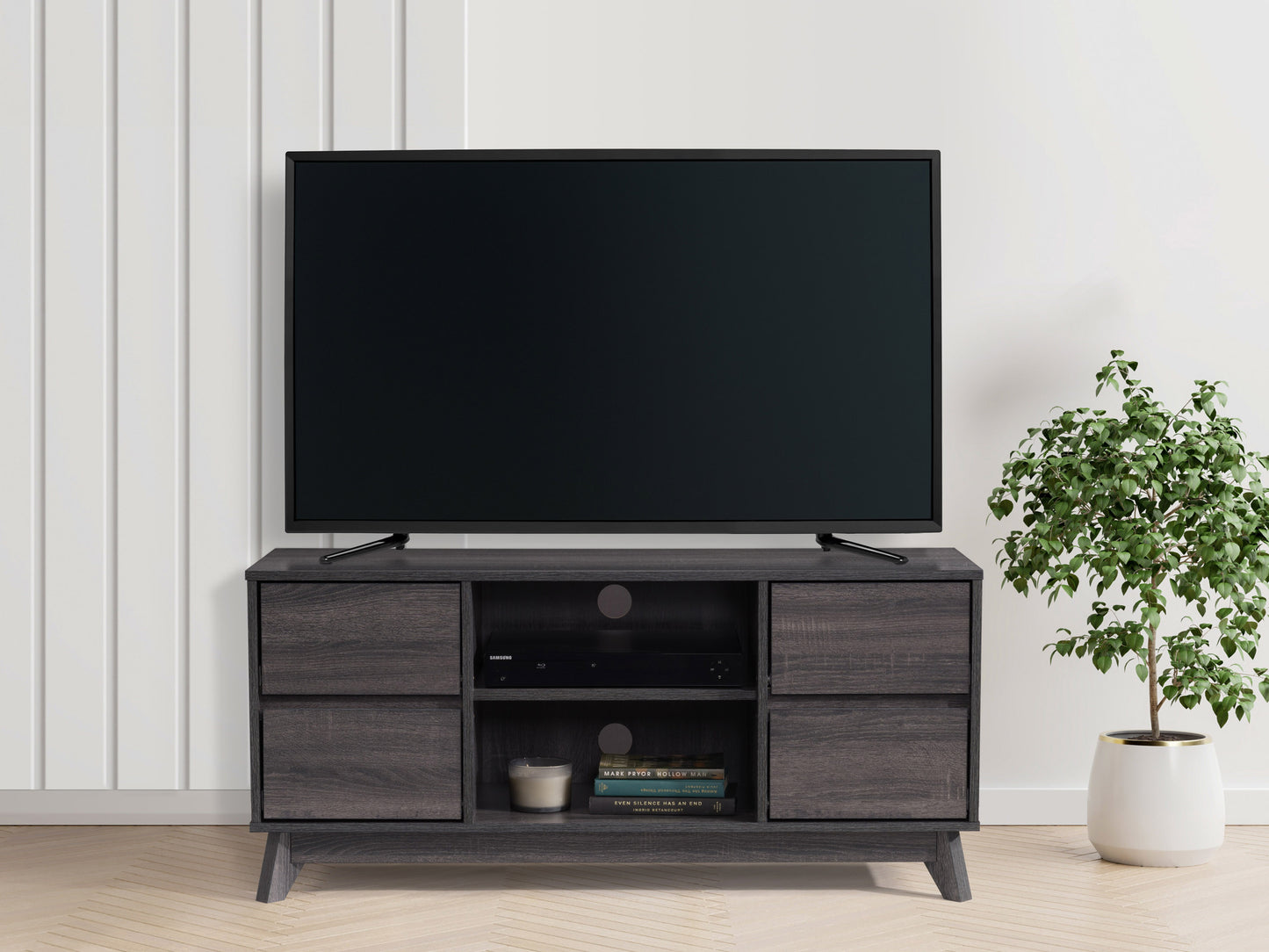 Modern TV stand for TVs up to 55 inches, featuring a sleek black frame with wooden accents, two open shelves, and a spacious cabinet with a textured finish for stylish storage and display.