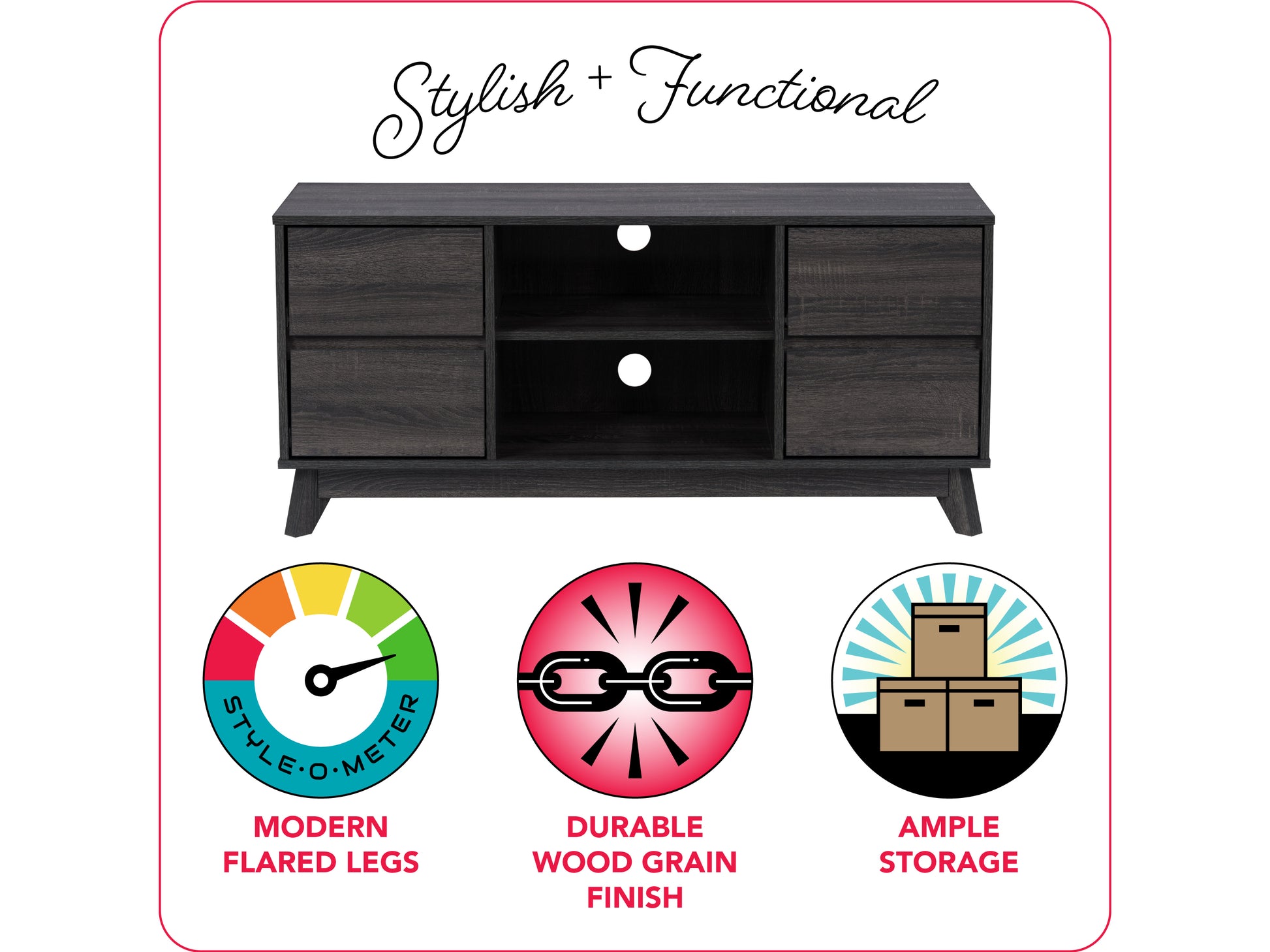 Modern TV stand for TVs up to 55 inches, featuring a sleek black finish, open shelving, and two wooden drawers with a natural oak texture, perfect for contemporary living rooms.