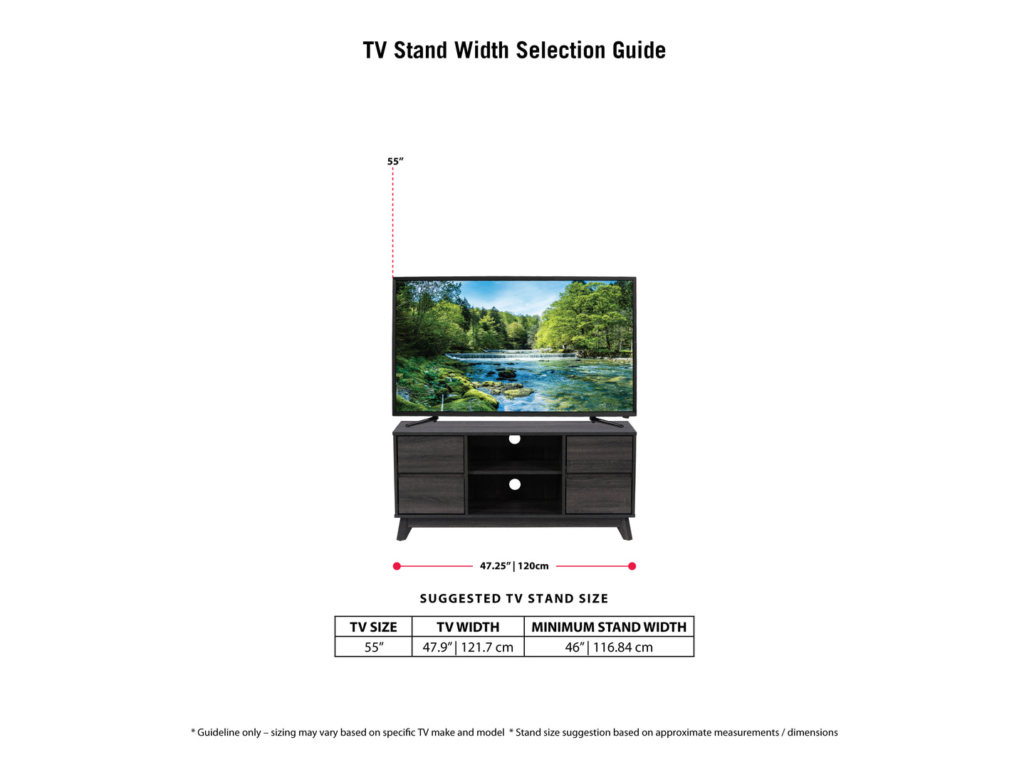 Modern TV stand for TVs up to 55 inches, featuring a sleek black and wood finish with open shelving and storage cabinets for media accessories, minimalist design, and sturdy construction.