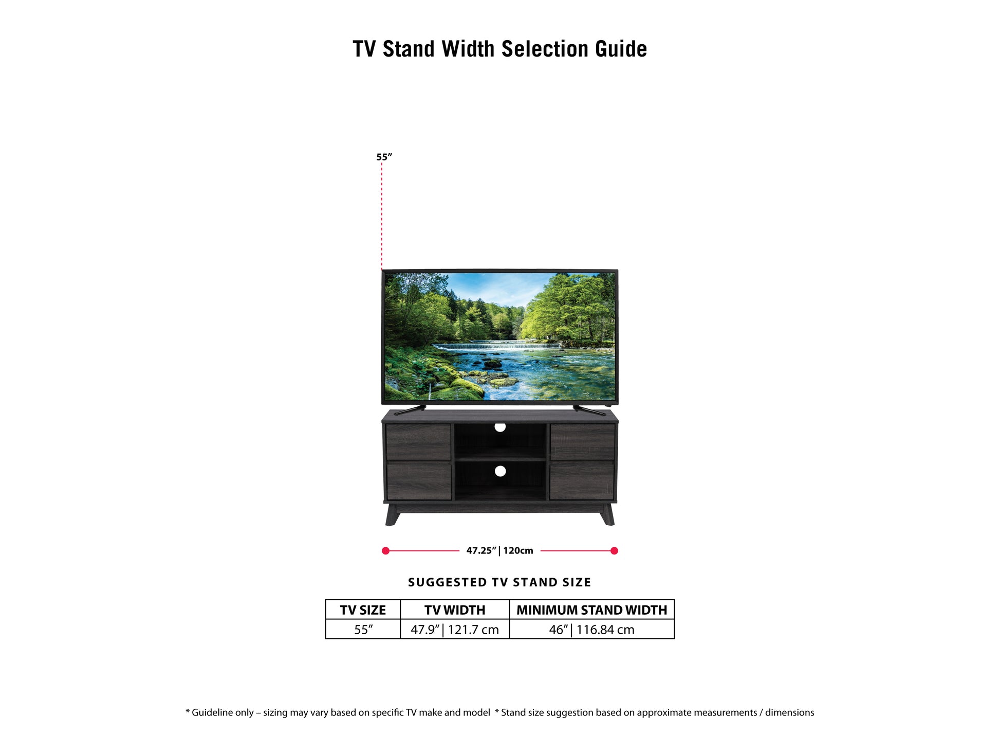 Modern TV stand for TVs up to 55 inches, featuring a sleek black and wood finish with open shelving and storage cabinets for media accessories, minimalist design, and sturdy construction.