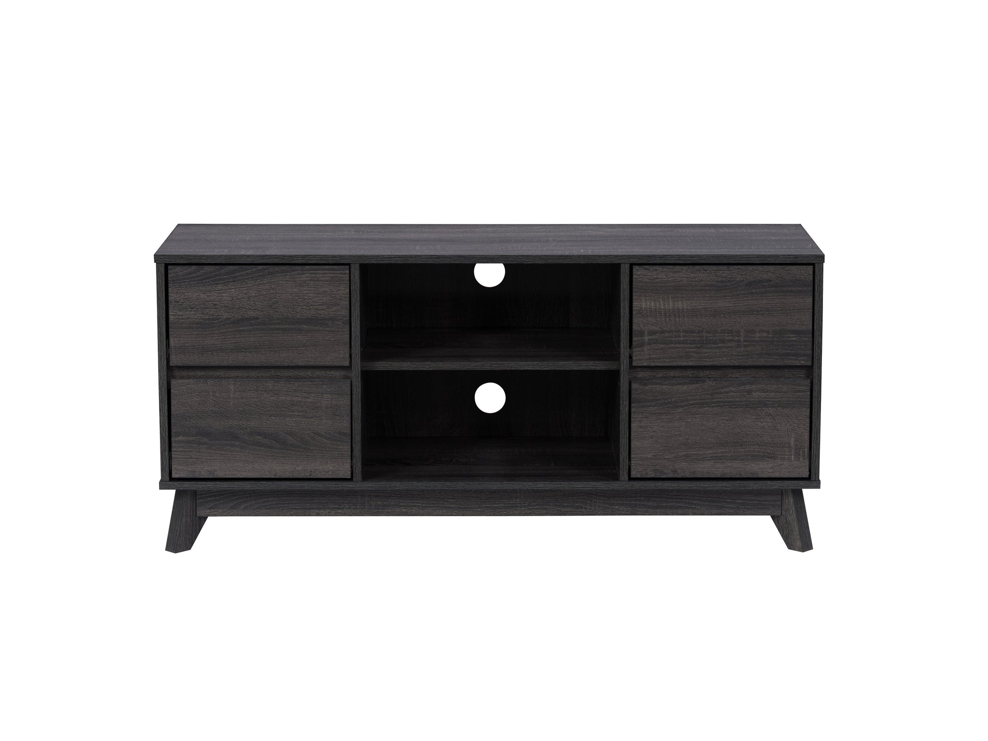 Modern wooden TV stand with black metal legs, open shelving, and a sleek design for TVs up to 55 inches. Features natural wood grain finish, minimalist style, and ample storage space for media accessories.