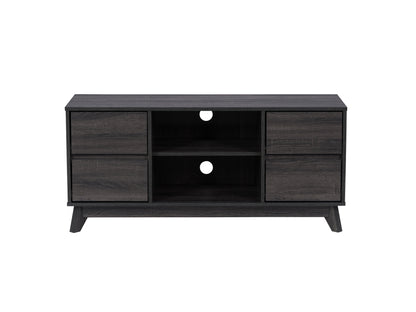 Modern wooden TV stand with black metal legs, open shelving, and a sleek design for TVs up to 55 inches. Features natural wood grain finish, minimalist style, and ample storage space for media accessories.