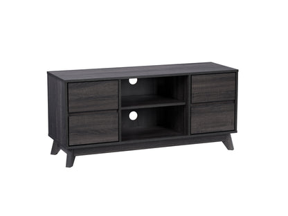 Modern TV stand for TVs up to 55 inches, featuring a sleek black finish with wooden accents, open shelves for storage, and cable management holes for easy organization.