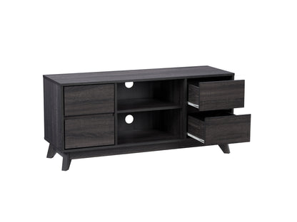 Modern TV stand for TVs up to 55 inches, featuring a sleek black finish, sturdy wooden construction, and open shelving for media storage. Ideal for contemporary living rooms and entertainment areas.