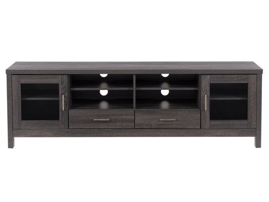 Grey wood TV stand for TVs up to 80 inches, featuring a sleek design with open shelving, cabinet doors, and a sturdy build. Ideal for modern living rooms, it combines functionality with contemporary style.