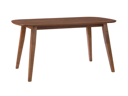 Mid-century modern dining table with walnut finish, sleek rectangular top, and tapered legs. Ideal for contemporary dining rooms, this wooden table combines minimalist design with rich, warm tones.