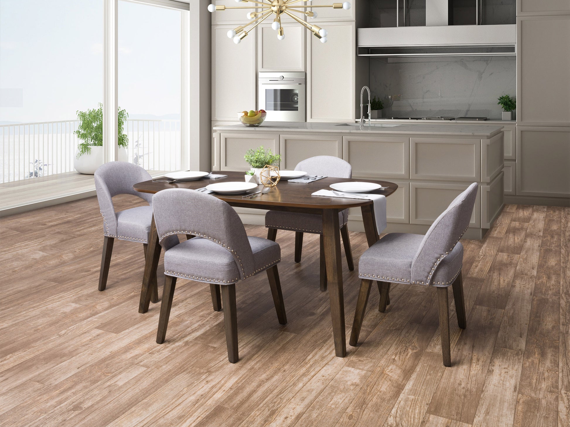 Mid-century modern 5-piece dining set with a walnut finish, featuring a rectangular wooden table and four upholstered chairs in gray fabric, showcasing sleek lines and tapered legs for a stylish dining room.