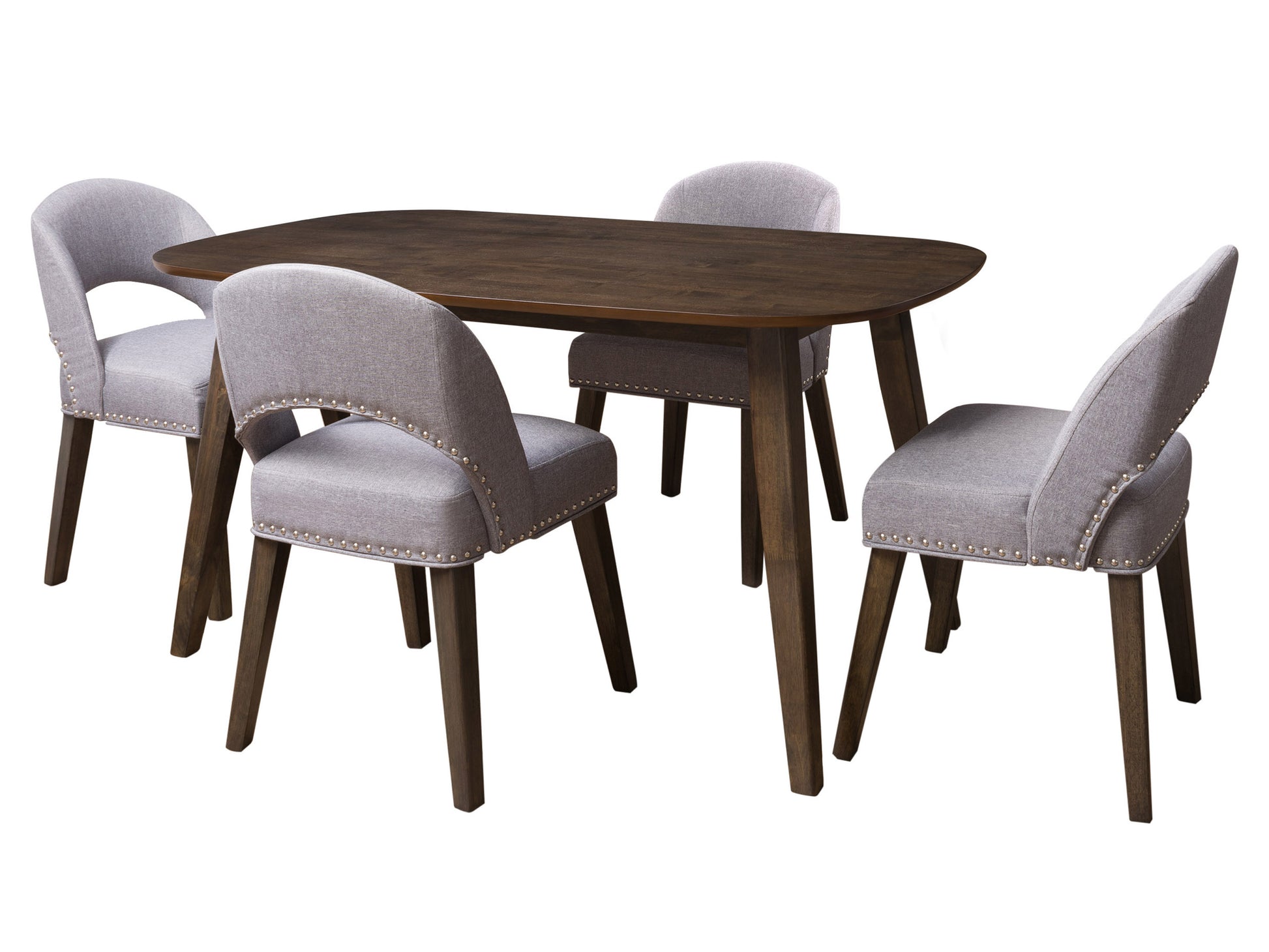 Mid-century modern dining set, 5-piece, featuring a rectangular wooden table with tapered legs and four matching chairs with cushioned seats in gray fabric, perfect for contemporary dining spaces.