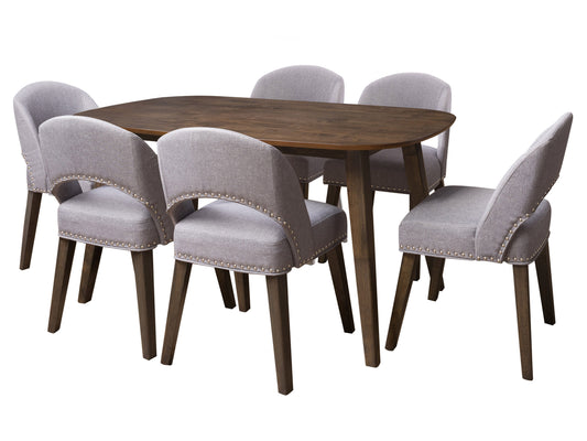 Mid-century modern 7-piece dining set with sleek wooden table and six upholstered chairs in neutral tones, featuring clean lines and minimalist design, perfect for contemporary dining rooms.