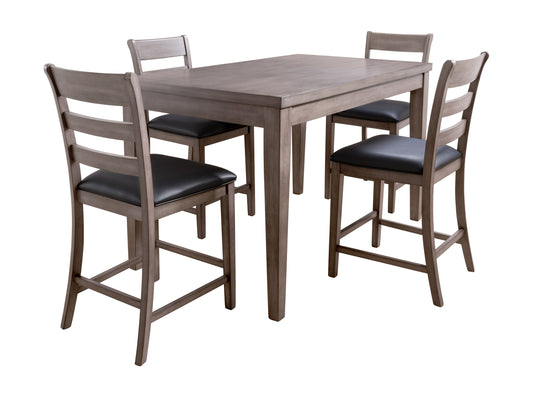 5 piece counter height dining set with dark wood table, beige upholstered chairs, and sturdy construction. Ideal for modern dining rooms, offering a stylish and comfortable dining experience.