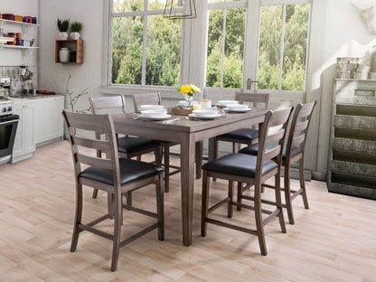 7 piece counter height dining set with dark wood table, six matching cushioned chairs in light beige fabric, and sleek, modern design perfect for contemporary dining rooms.