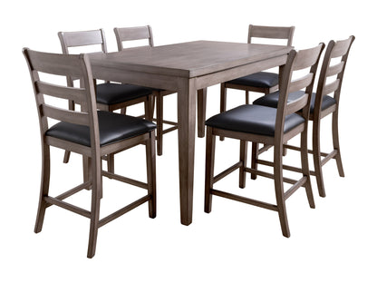 7 piece counter height dining set with dark wood finish, featuring six cushioned chairs with beige upholstery and a rectangular table with a built-in storage shelf. Perfect for modern dining rooms.