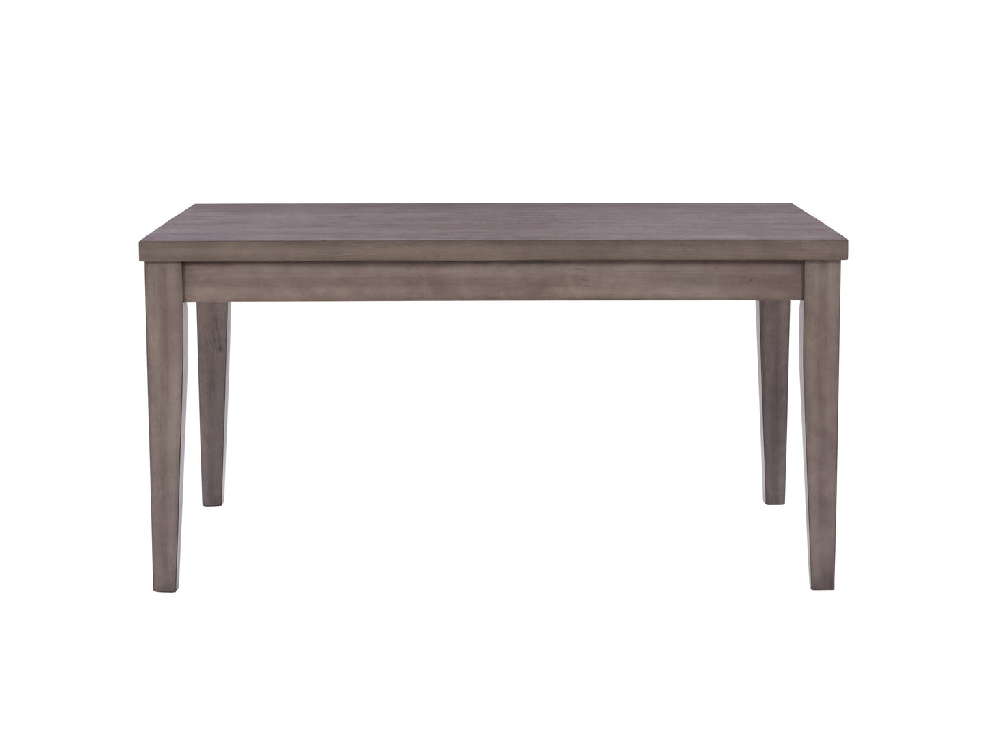 5 piece modern dining set featuring a rectangular wooden table with a dark brown finish and four upholstered chairs in light grey fabric, showcasing sleek metal legs and a minimalist design.