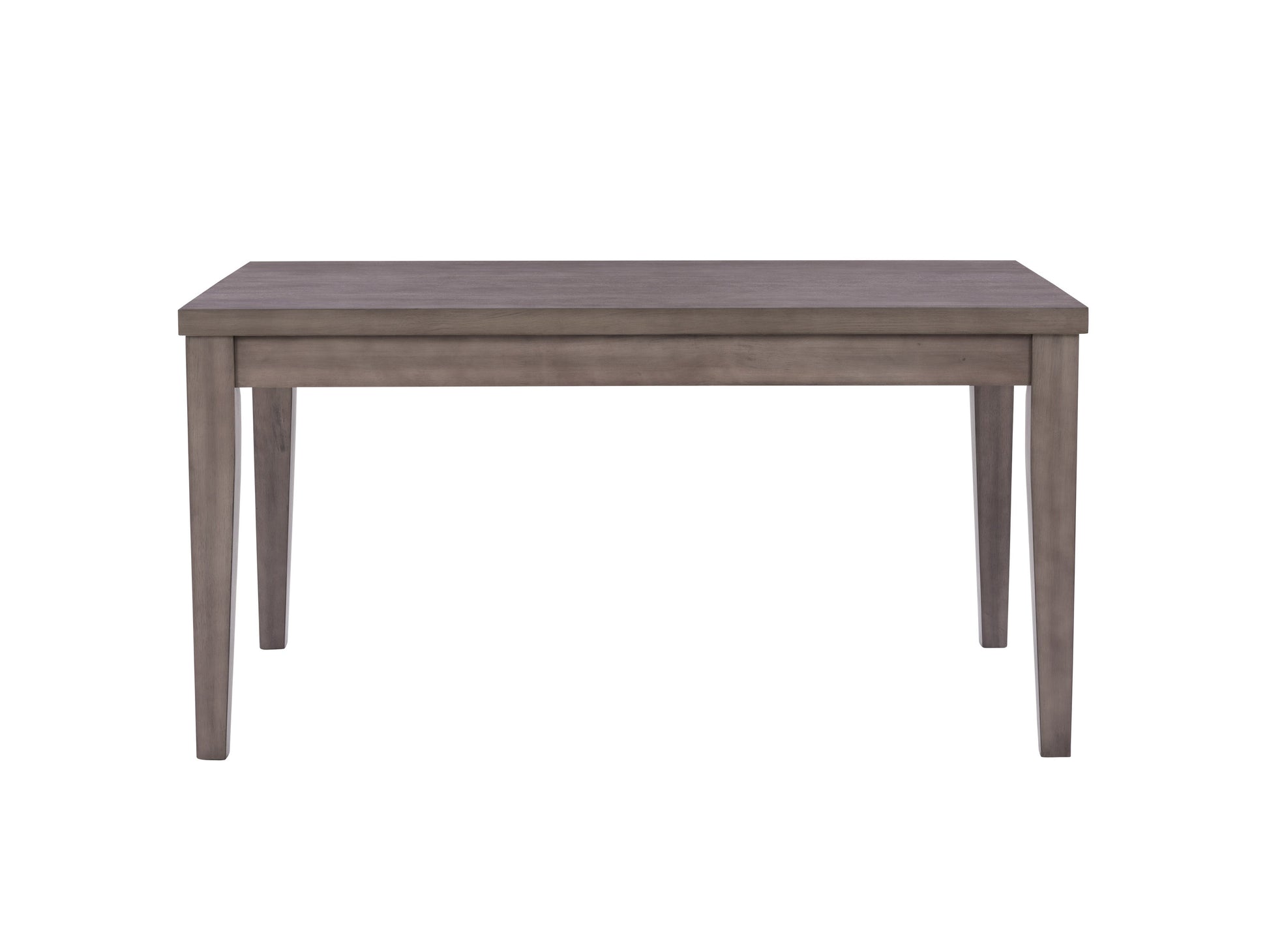 5 piece modern dining set featuring a rectangular wooden table with a dark brown finish and four upholstered chairs in light grey fabric, showcasing sleek metal legs and a minimalist design.