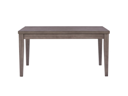 5 piece modern dining set featuring a rectangular wooden table with a dark brown finish and four upholstered chairs in light grey fabric, showcasing sleek metal legs and a minimalist design.