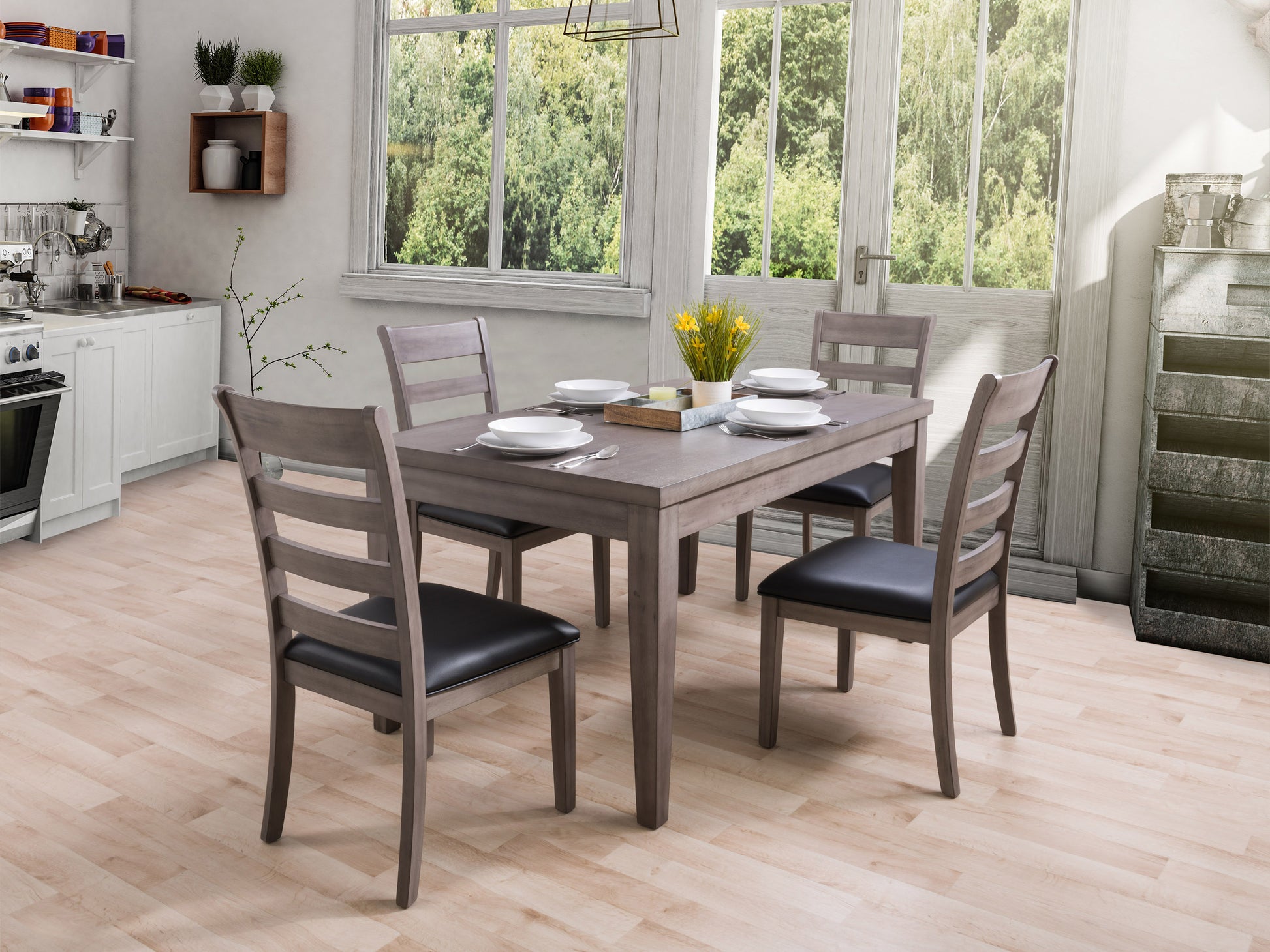 Modern 5 piece dining set with sleek black metal frame, light wood tabletop, and matching benches. Ideal for contemporary kitchens or dining rooms, combining minimalist style with durable materials for everyday use.